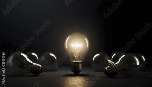 One of Lightbulb glowing among shutdown light bulb in dark area with copy space for creative thinking , problem solving solution