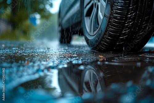 An action-packed shot of car tires handling a rainy obstacle course, highlighting their control and grip on wet surfaces, with dynamic water splashes