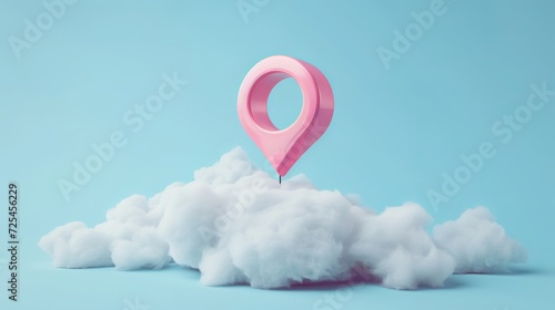 3D map location point marker of map or navigation pin icon sign on isolated cloud background. 3d pin navigation is pink color with shadow on cloud map direction. 3d GPS pin vector render illustration 