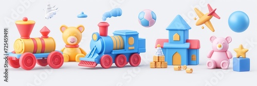 Kids toys. Train, plane, castle, ball, cubes, bear. 3d vector icon set . on clean background
