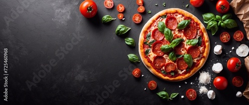 pizza with tomato and basil on a dark surfaces 