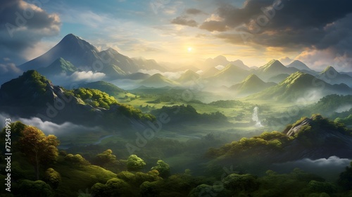 Panoramic view of mountains with fog in the morning at sunrise
