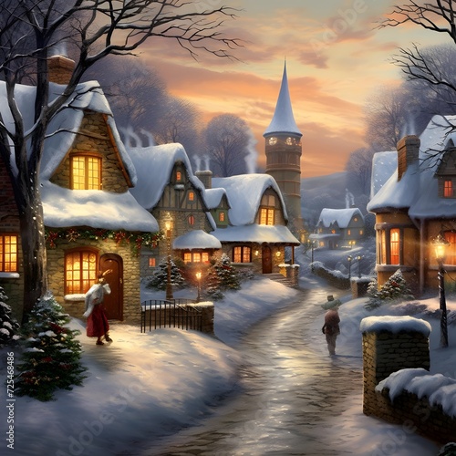 Digital painting of a winter village with houses and trees covered in snow