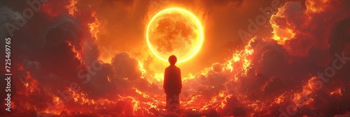 A man stands in limbo under a fiery sky, depicting a mystical and apocalyptic concept.