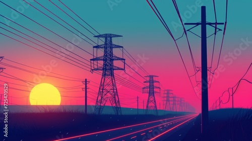 lat illustration of High voltage power lines at sunset. Energy supply. Metal frame poles support wires.