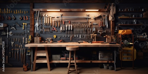 work bench with tools on the wall.