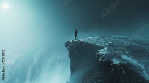 a shadowy figure standing on an edge of a cliff staring into the distance viewed from behind 