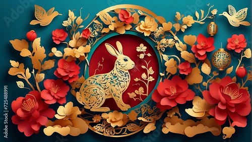 Happy chinese new year 2023 year of the rabbit zodiac sign with flower,lantern,asian elements gold paper cut style on color Background.