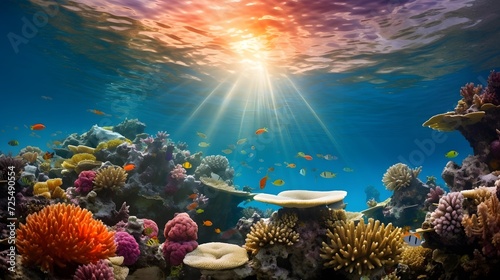 Underwater panorama of a tropical coral reef with fish and sunlight