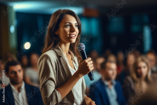 Interaction between a female manager and the audience as she asks a question during a business seminar