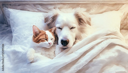 Pies i kot śpiące w łóżku na poduszce przykryte kołdrą