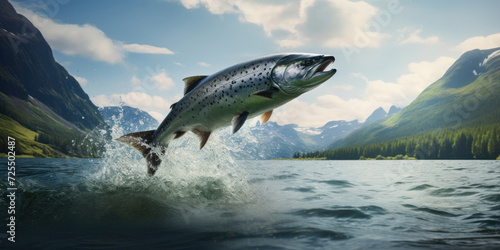 Large trout or salmon jumps out of the river on a mountain background.