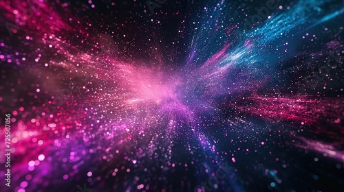 Digital art of a hyperspace travel effect, with a dynamic burst of pink and blue particles resembling a cosmic nebula or starfield.