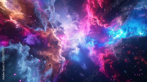 A breathtaking digital representation of a cosmic nebula, featuring interstellar clouds with a spectacular palette of pink and blue hues scattered with stars.