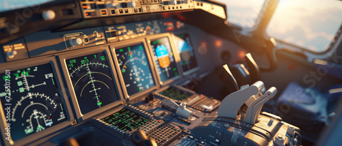 Golden sunset illuminates the cockpit, where advanced avionics await the steady hand of an unseen pilot