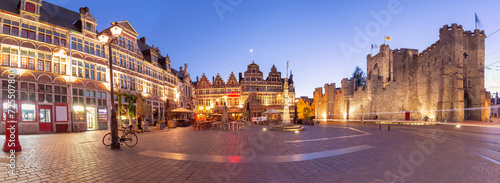 Panoramic view of Sint-Veerleplein, St Veerle Square, and Gravensteen at night, Ghent, Belgium