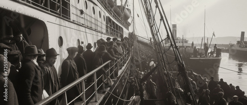 Echoes of the past, a historical photo of immigrants aboard a ship, capturing a poignant moment in the journey of hope