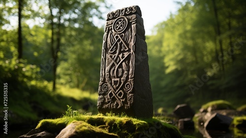 Intricate weathered viking rune stone inscription, ancient carving and patina texture