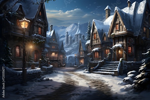 Winter village at night with wooden houses and snowdrifts, 3d illustration