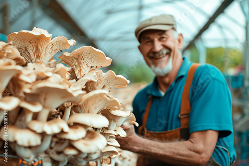 farmer with oyster mushrooms in greenhouse, selective focus