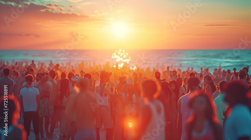 Blurred background of many people had fun at beach party, crowd of people dancing on the beach party, copy space