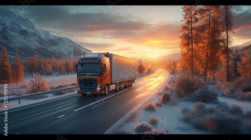 a truck drives down the road at sunset. Generative AI