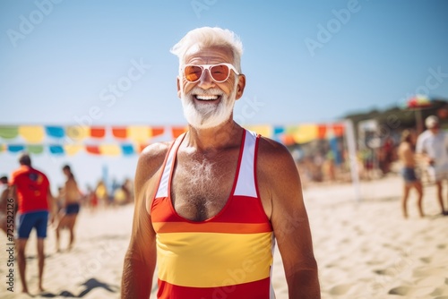 Senior man in red swimsuit and sunglasses on the beach at summer