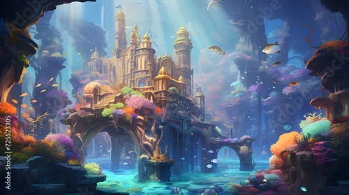 Fantasy underwater world with fantasy mermaids and fishes. 3d render