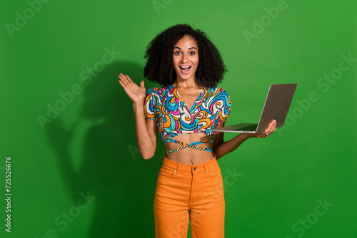 Photo of young and inexperienced marketing specialist girl with chevelure holding netbook interview isolated on green color background