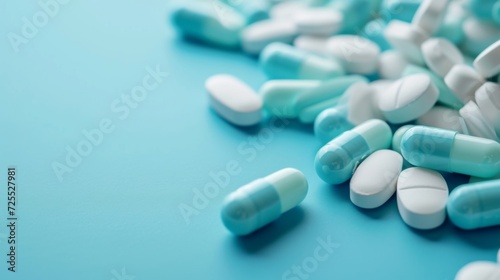 Closeup medical pills and capsules on a blue background. Medicine for treatment. Pharmaceuticals