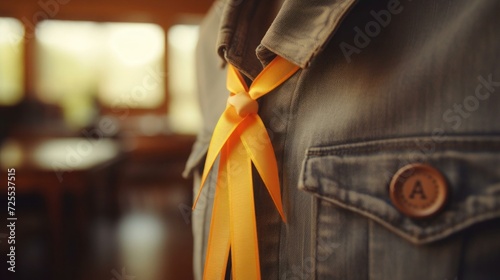 single awareness ribbon gently pinned to a jacket on World Cancer Day