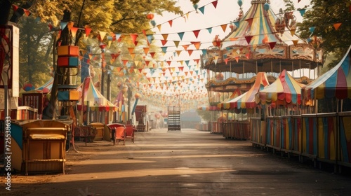 an empty carnival midway adorned with festive banners and lights