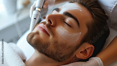 Close-up of a man's face receiving a skincare treatment with a facial mask.