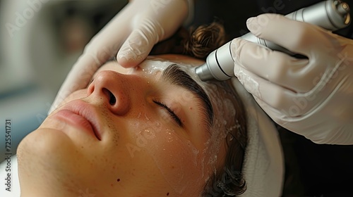 Beautician performing a microdermabrasion treatment on a man.