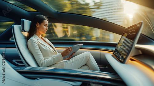 professional-looking woman sitting comfortably in the back seat of a luxury unmanned taxi with a modern interior. She is working with a tablet while driving.