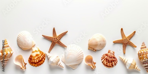 Seashells And Starfish Isolated On White Background In Panoramic View. Сoncept Marine Life Close-Ups, Tropical Beach Vibes, Underwater Treasures, Coastal Decor Inspiration