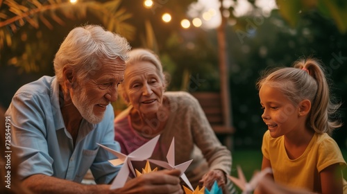 Picture of an elderly couple watching their grandchildren play with origami wind turbines in their backyard during summer. 