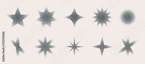 Stars shape black dot grain texture set. Stippling, dotwork pattern form. Vintage halftone effect trigon. Fading gradient. Vector illustration collection