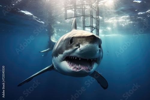 Great White Shark Close-Up. Blue Ocean Predator Hunting Near Water Surface Underwater Photography