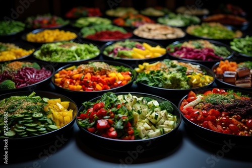 large platters of salads containing many different foods