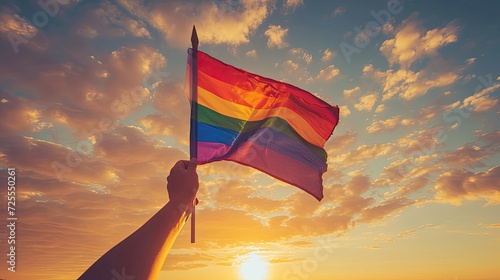 Hand raising a rainbow flag against a dramatic sunset sky.