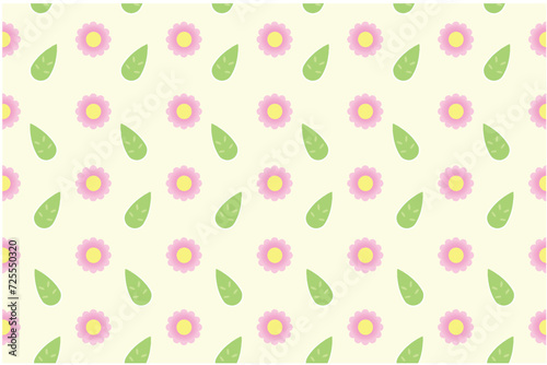 Pink flower and green leaves in yellow wallpaper background