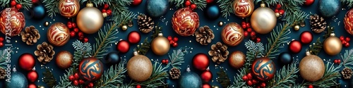 Christmas holiday celebration decoration background banner panorama, long texture - Chrsitmas ornaments, baubles and pine brnaches, on dark blue table, top view, seamless pattern, Generative AI