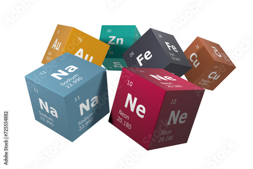 3D rendering of the elements of the periodic table, sodium, neon, zinc, gold, iron and copper. Training in education, science, technology and engineering. 3D illustration