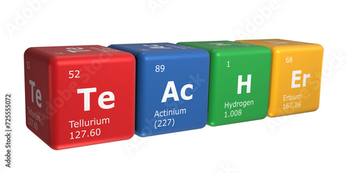 3D rendering of cubes of the elements of the periodic table, tellurium, actinium, hydrogen and erbium forming the word teacher. Science, technology and engineering. 3D illustration