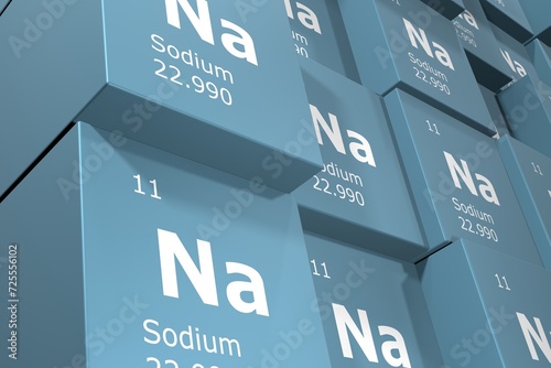 Sodium, 3D rendering background of cubes of symbols of the elements of the periodic table, atomic number, atomic weight, name and symbol. Education, science and technology. 3D illustration