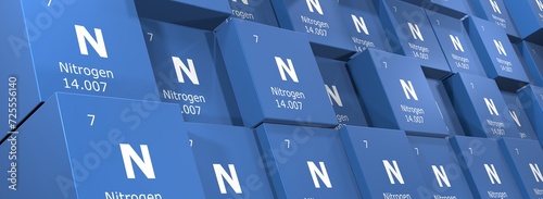 Nitrogen, 3D rendering background of cubes of symbols of the elements of the periodic table, atomic number, atomic weight, name and symbol. Education, science and technology. 3D illustration