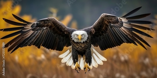 Animal wildlife photography - Bald eagle (haliaeetus leucocephalus) with wings flying wide open, Generative AI 