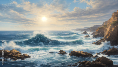 Majestic Ocean Waves Crashing Against Rocky Cliffs Under a Sunset Sky