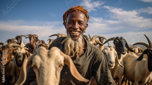 Goat herder with playful herd smiles with fulfillment as goats graze and frolic